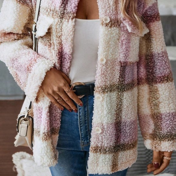 Tan Casual Womens Plaid Print Drop Shoulder Teddy Coat - Picture 3 of 5